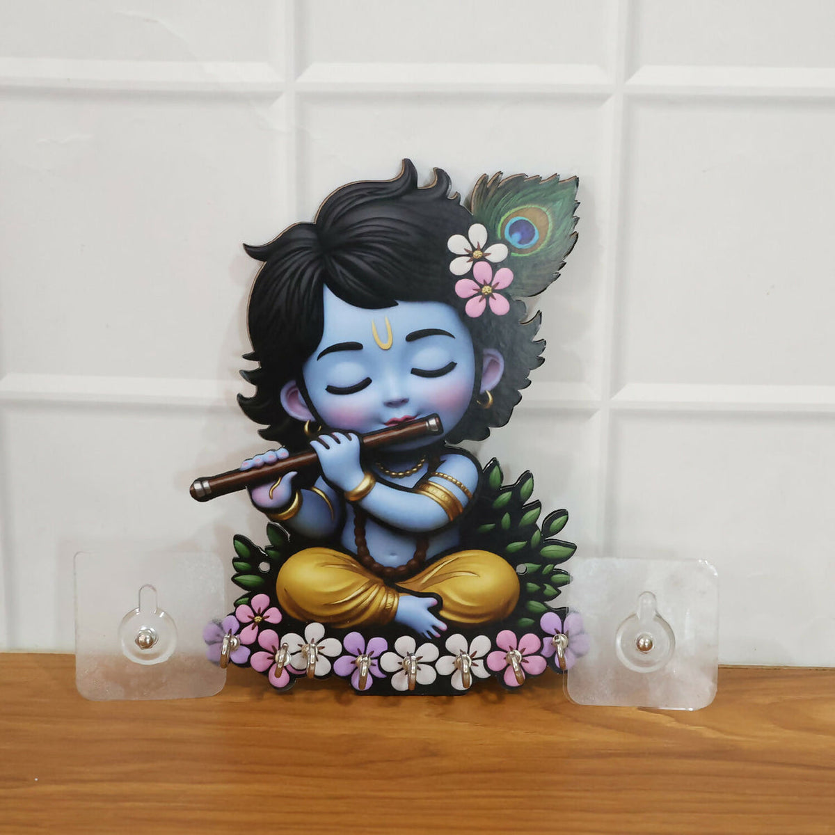 Krishna Wooden Wall Key Holder – Self-Adhesive 6 Hooks for Organized Entryway