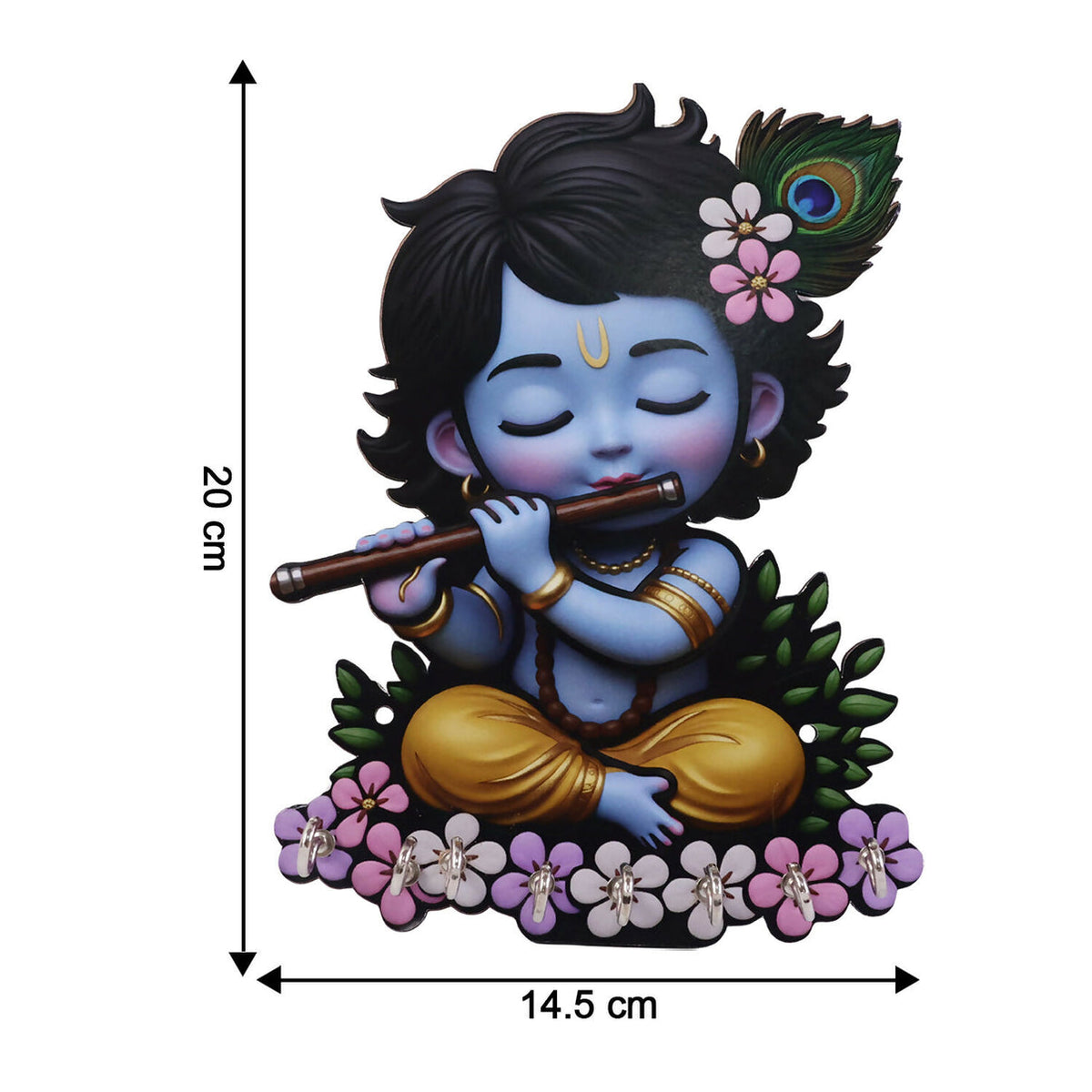 Krishna Wooden Wall Key Holder – Self-Adhesive 6 Hooks for Organized Entryway