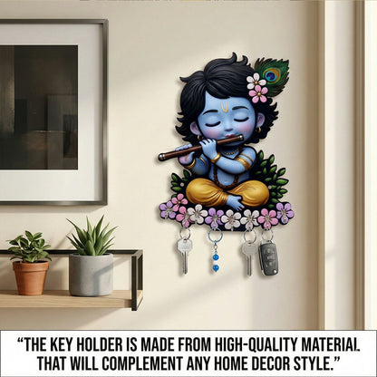 Krishna Wooden Wall Key Holder – Self-Adhesive 6 Hooks for Organized Entryway