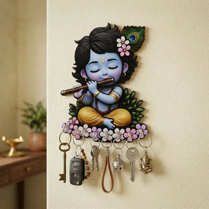 Krishna Wooden Wall Key Holder – Self-Adhesive 6 Hooks for Organized Entryway